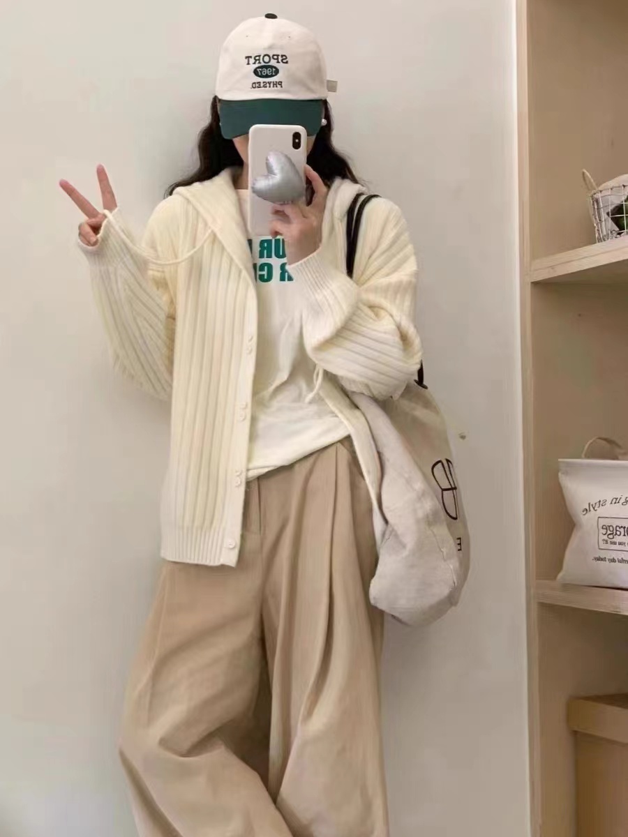 連帽毛衣外套女2024新韓系寬鬆慵懶風套頭軟糯針織衫早春長袖上衣