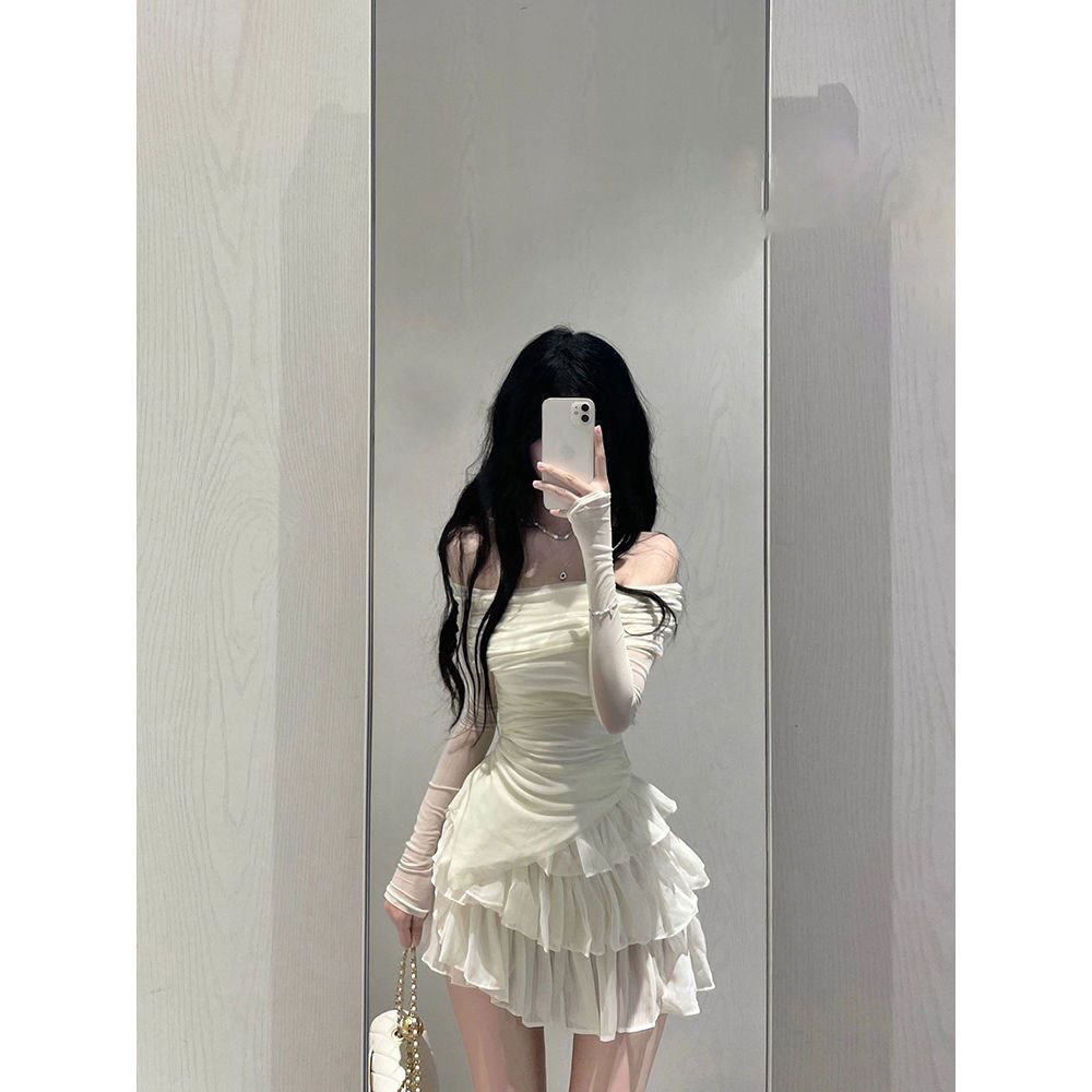 純欲香肩露肩修身上衣蛋糕半身裙套裝夏女一字肩辣妹純欲風兩件套