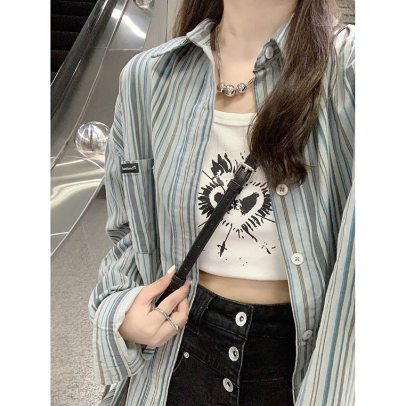條紋襯衫女美式復古寬鬆外穿慵懶風上衣夏季防曬衫長袖襯衣外套潮