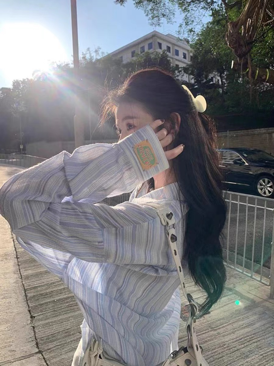 純棉薄款防曬襯衫上衣女 2024夏季設計感寬鬆長袖ins條紋休閒襯衣
