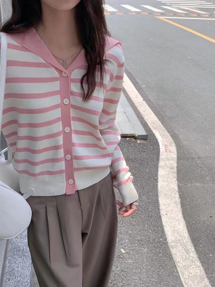 BB家2024條紋長袖單排扣兔絨學院寬鬆開衫簡約高級熱賣補單東大門