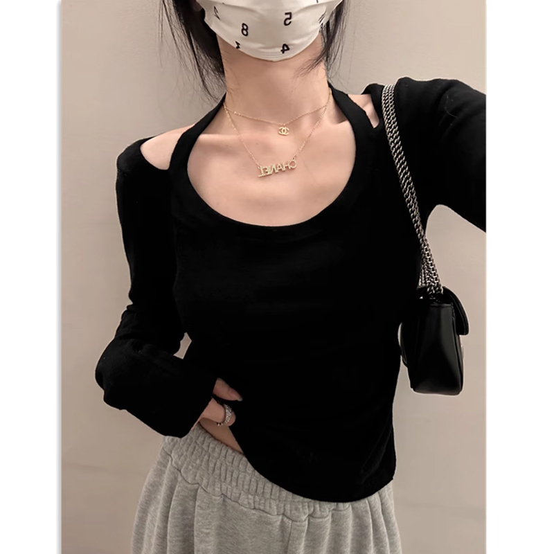 40支莫代爾260克人棉辣妹掛脖上衣女春秋季性感露肩ins長袖t恤