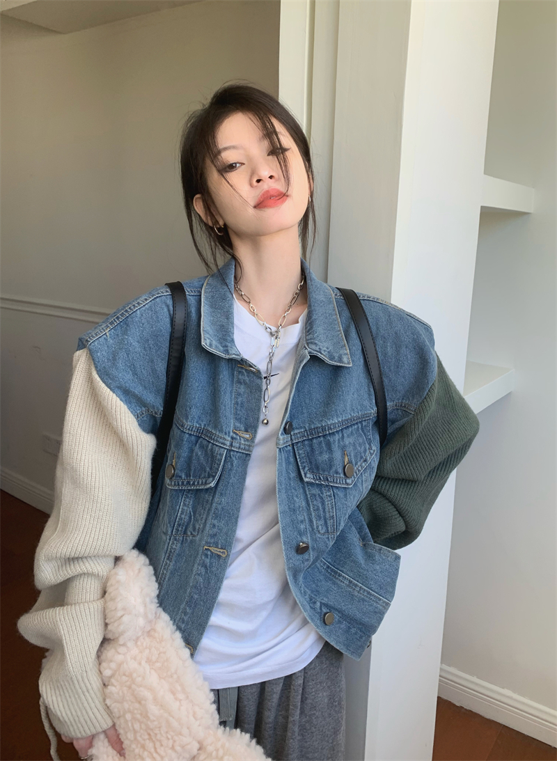 Actual shot of early spring washed heavy-duty high-end spliced ​​denim jacket top for women
