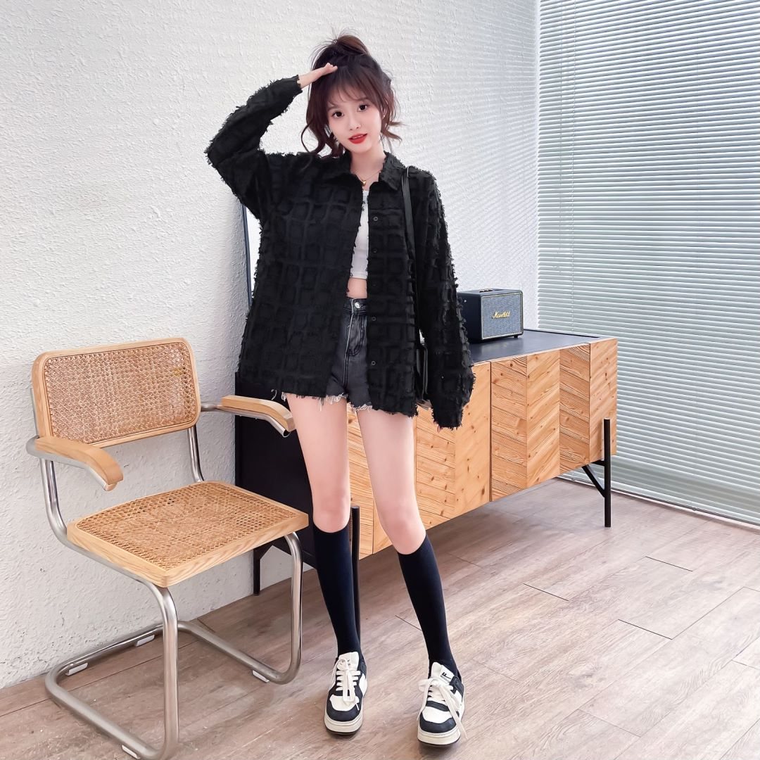 實拍原版高級感黑色開衫夏季POLO領提花襯衫流蘇防曬襯外套女