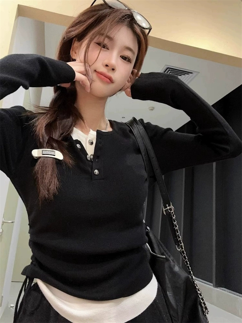 假兩件正肩修身設計感打底衫女春季減齡長袖t恤收腰內搭上衣