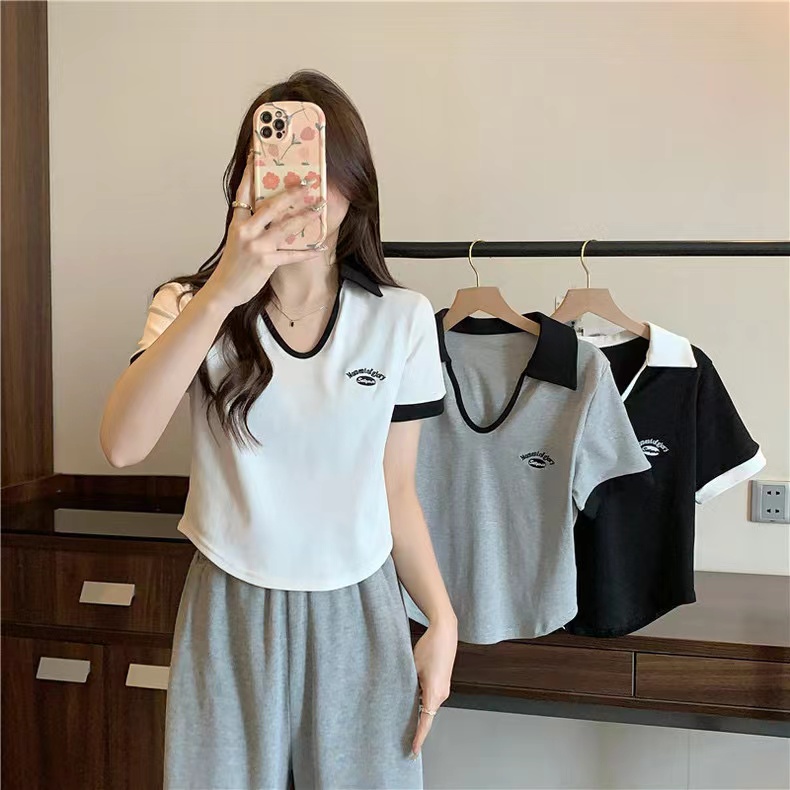 實拍純棉羅紋POLO領短袖T恤女上衣