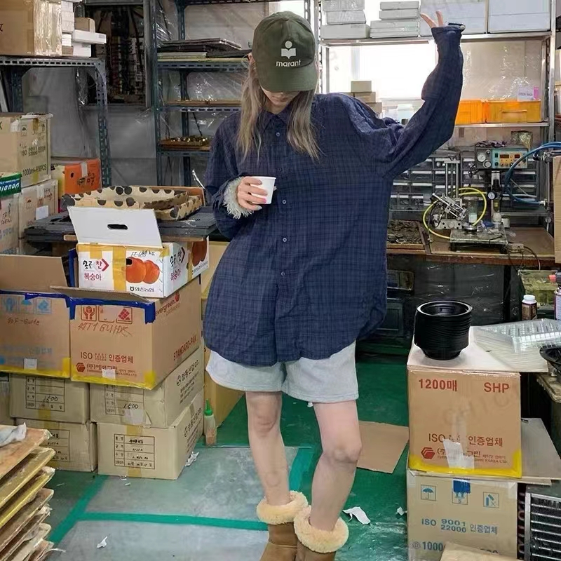 春秋復古藍色格子條紋長袖襯衣女設計感小眾寬鬆休閒上衣