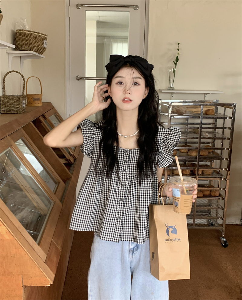 法式格子小飛袖襯衫女新款設計感小眾襯衣寬鬆小個子短款