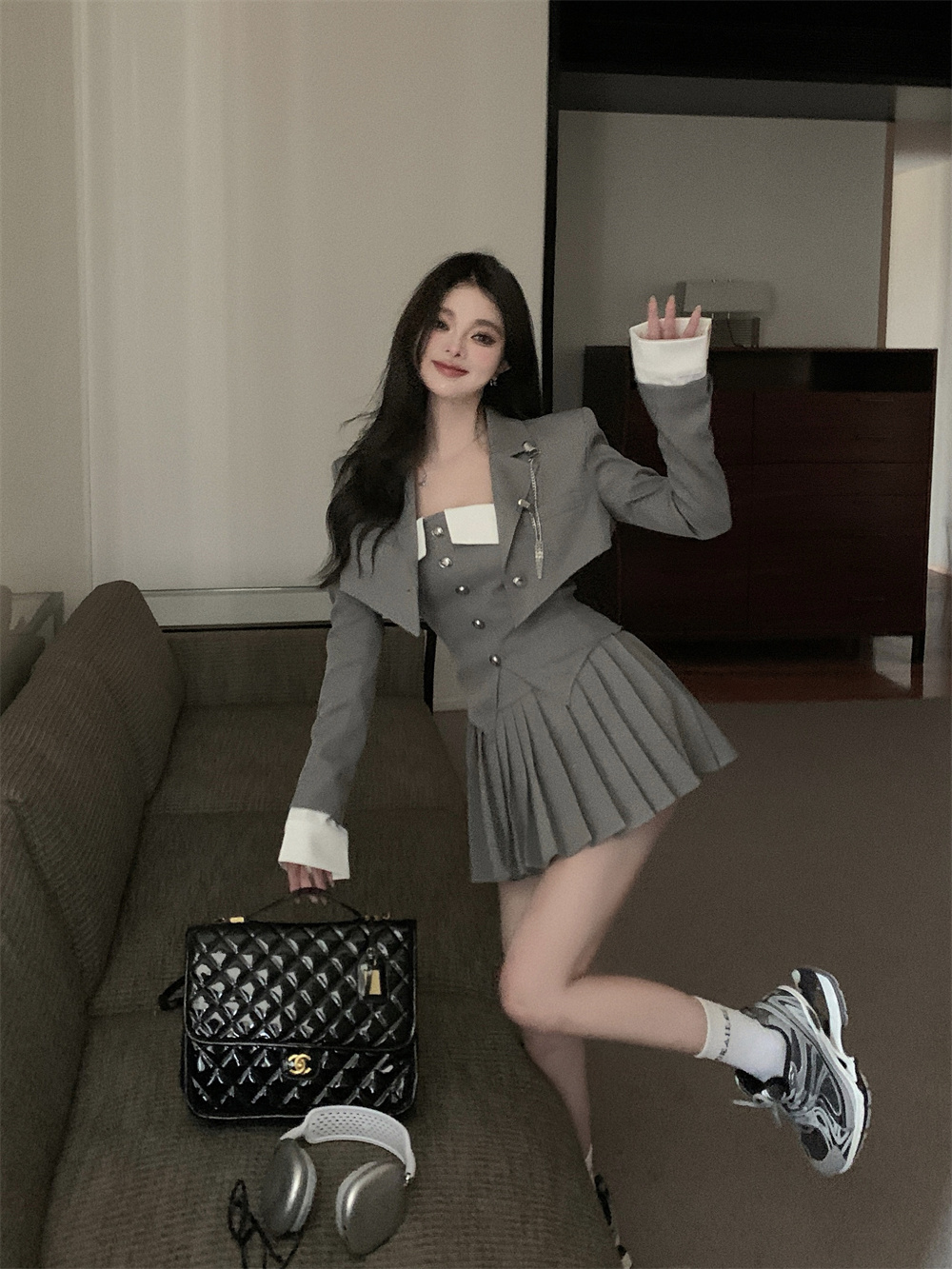 實拍JK服春夏新款別致絕美時尚短款西裝外套高腰百褶裙三件套