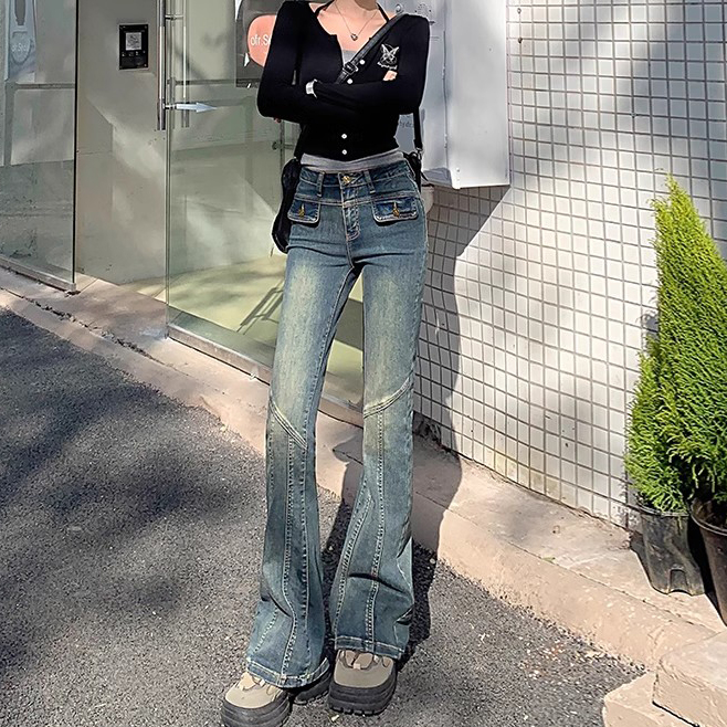 復古懷舊拼接微喇牛仔褲女春秋新款高腰彈力修身顯瘦馬蹄喇叭褲子