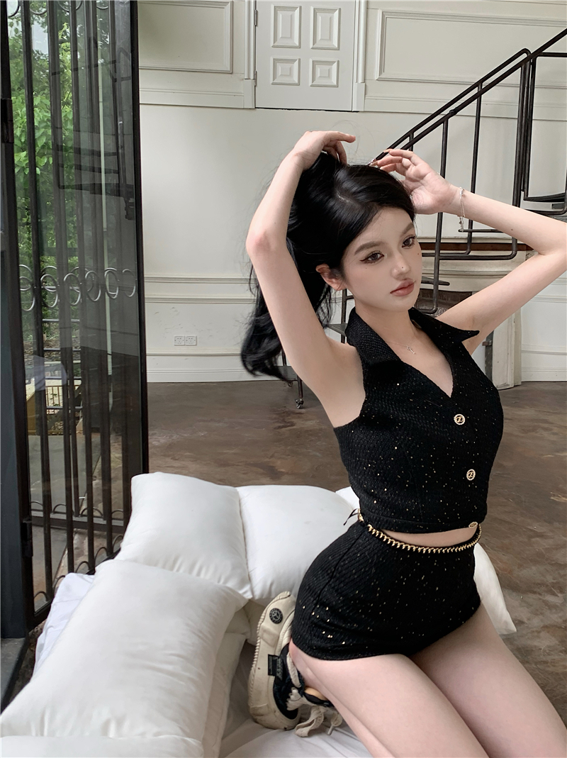 實拍 叛逆千金氣質小香風亮片掛脖V領背心辣妹短褲套裝