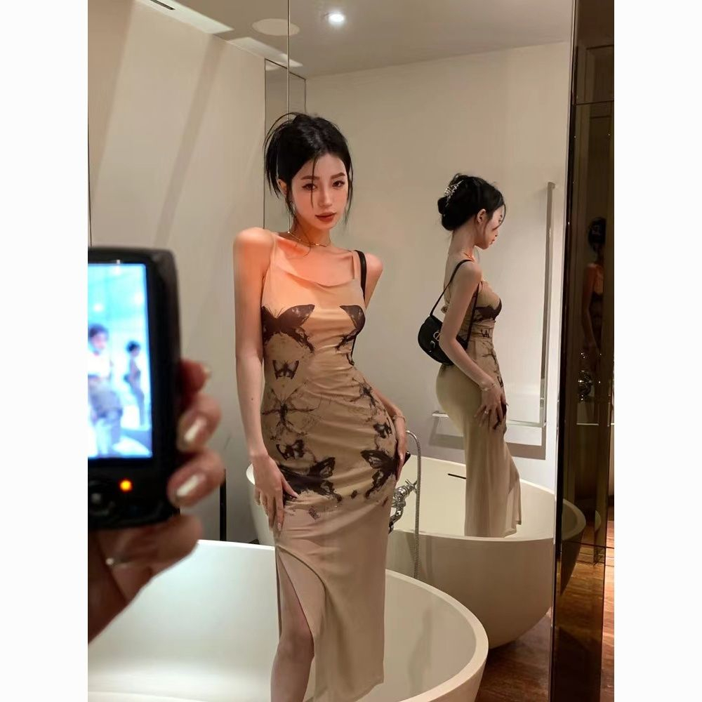 蝴蝶扎染吊帶連衣裙女夏季純欲收腰短裙修身緊身辣妹性感包臀裙子