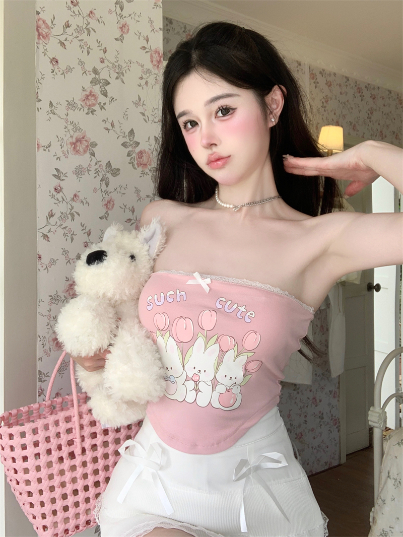 實拍  純欲甜辣風可愛兔子印花粉色修身抹胸吊帶內搭