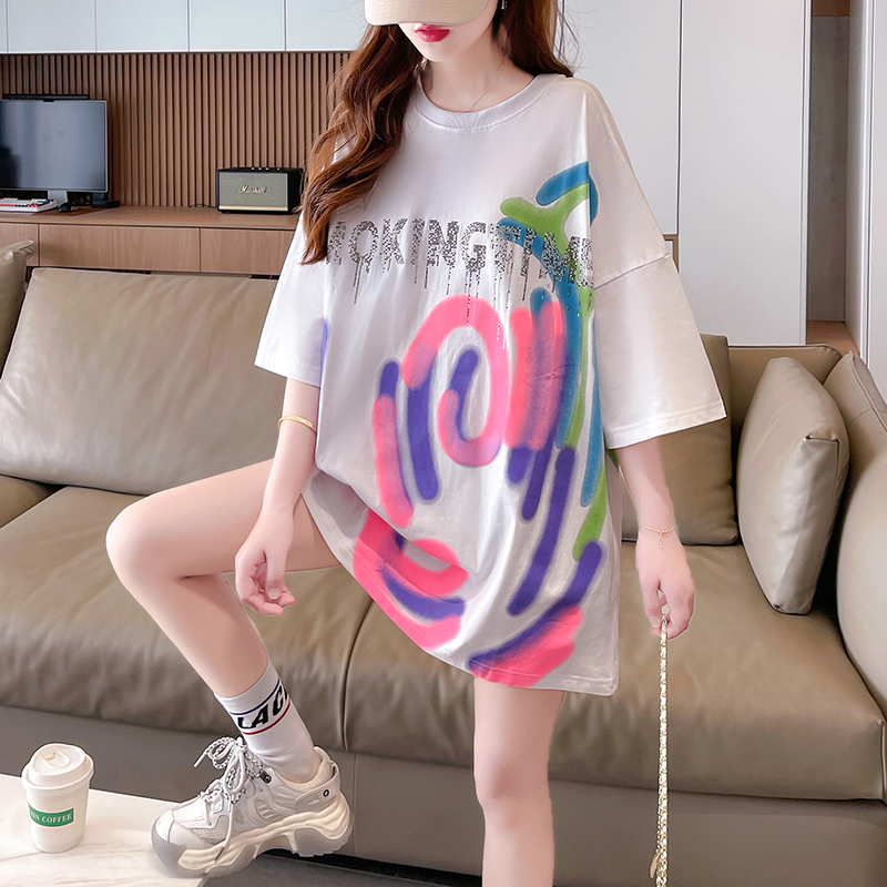 | 實拍100%純棉 | 後包領 | 夏韓版中長款重工燙鑽短袖T恤女
