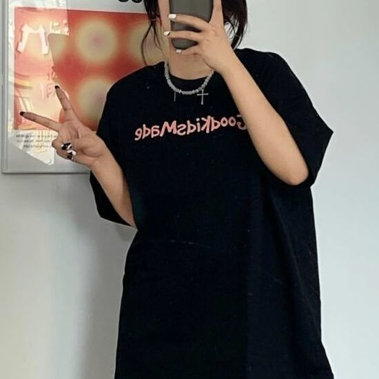 黑色美式復古字母短袖T恤女夏季歐美潮牌寬鬆顯瘦正肩上衣ins