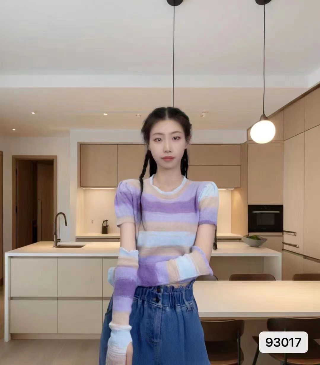 新款韓版時尚圓領漸變條紋+袖套上衣女