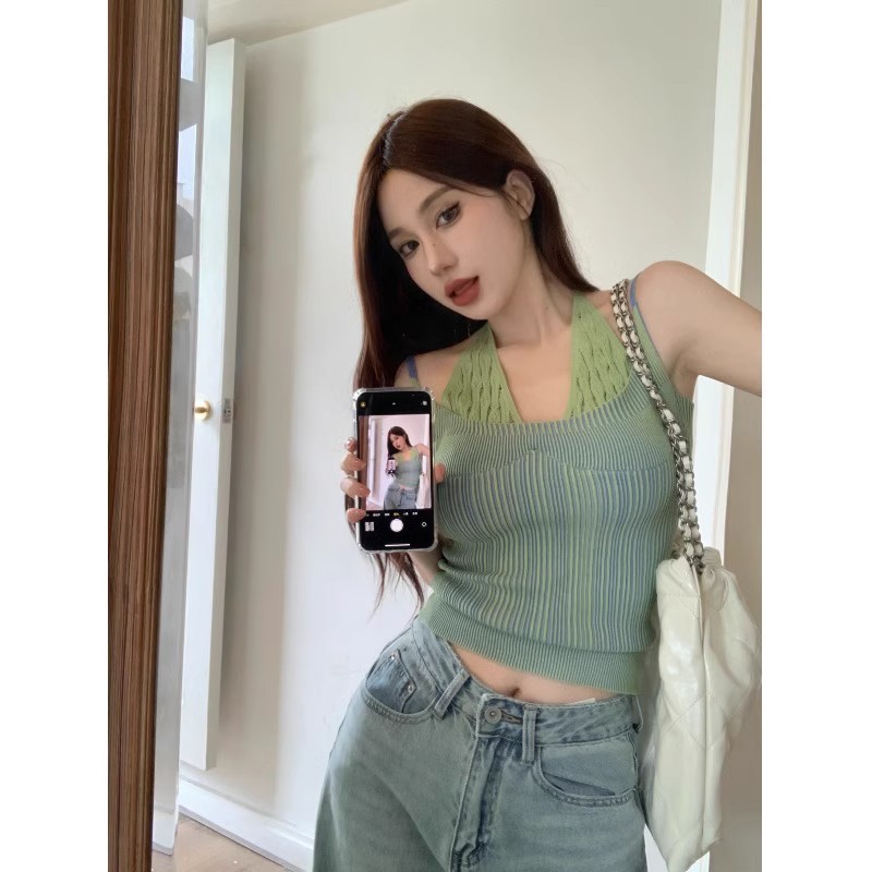 吊帶背心女夏季假兩件修身顯瘦撞色美背無袖上衣