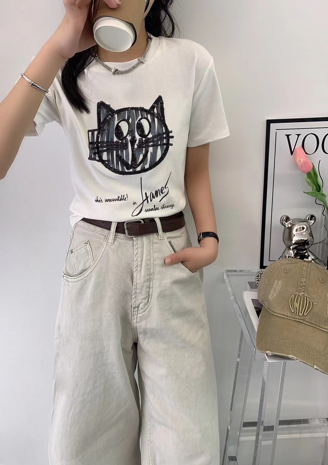 卡通貓咪重工刺繡亮片短袖T恤女2024夏季新款時尚百搭上衣