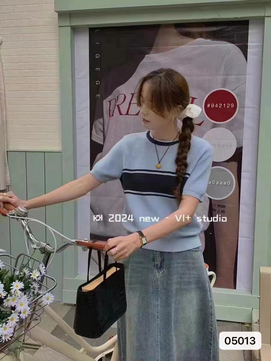 2024夏季新款韓系圓領拼色條紋百搭短袖上衣女