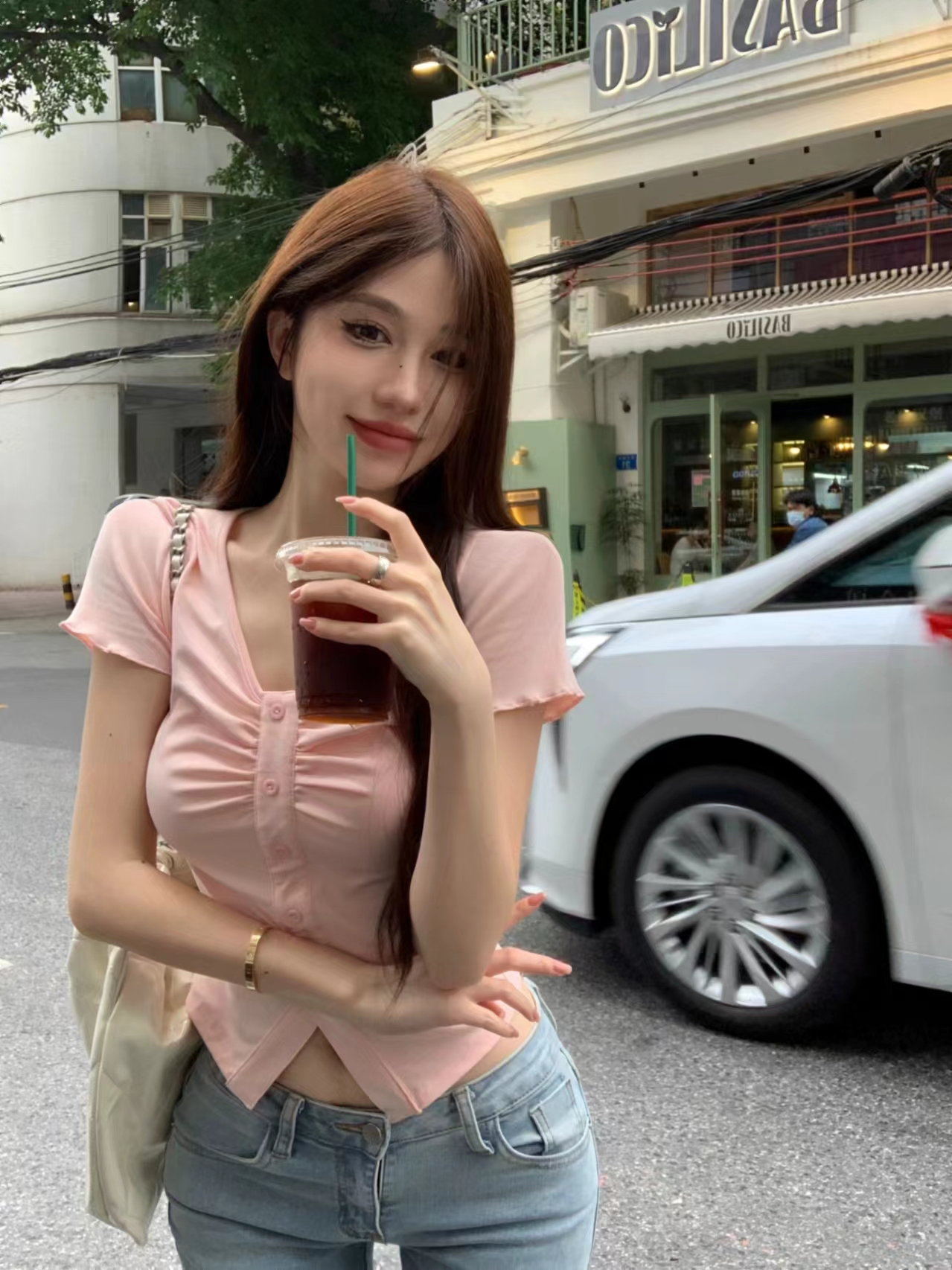 1*1螺紋純欲風v領正肩粉色t恤短袖女夏季褶皺露臍修身顯瘦短上衣