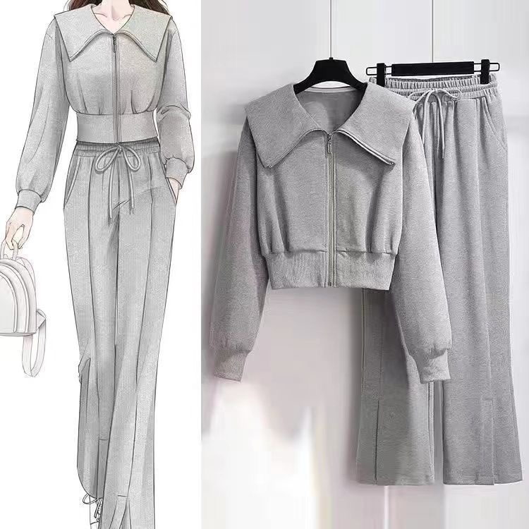 灰色衛衣套裝女春秋季2024年新款網紅時尚休閒運動服兩件套裝