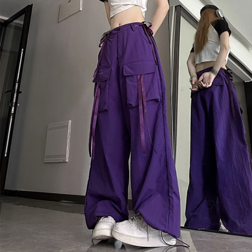 美式高街深紫色飘带工装裤女夏季嘻哈街头宽松直筒阔腿拖地长裤子
