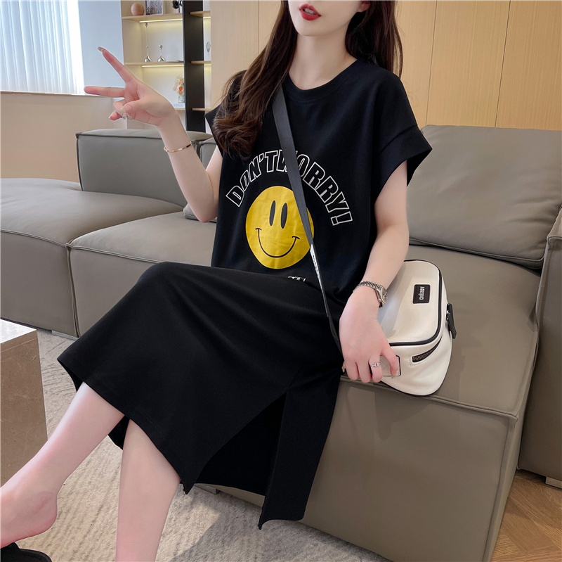 純棉｜質量 長款過膝短袖T恤裙女夏季寬鬆大碼裙子