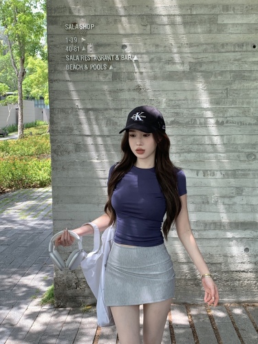 Real shot American hot girl short-sleeved T-shirt women's spring waist top casual skirt two-piece suit