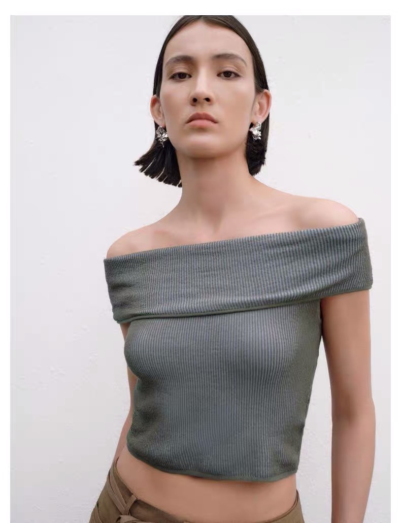 法式一字肩毛衣針織衫短袖女早春設計感小眾修身打底衫高級感上衣
