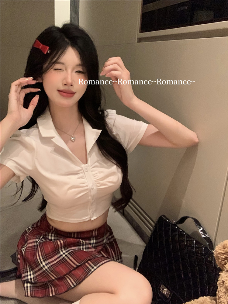 辣妹學院風性感短袖襯衫上衣女夏季復古綁帶蝴蝶結