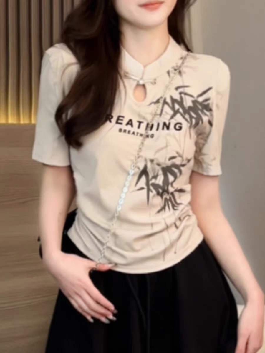 新中式國風盤扣短袖t恤女2024夏季新款復古印花掐腰上衣短款