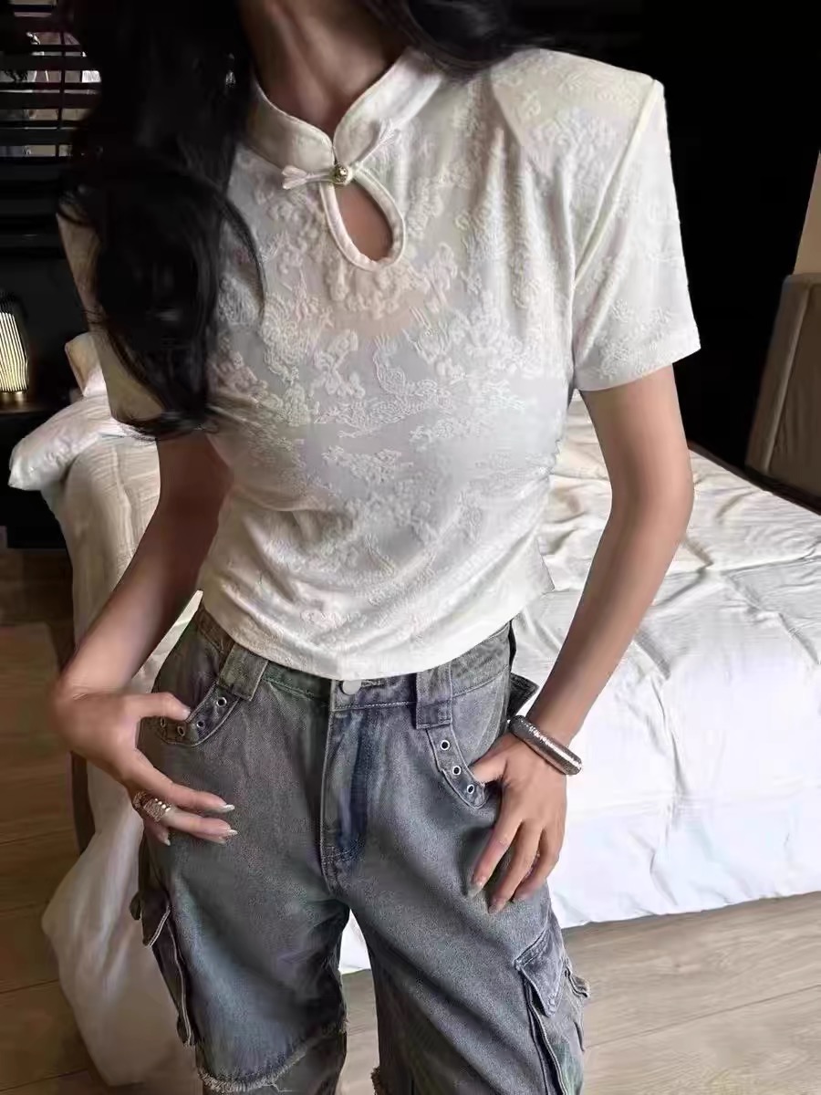 春夏中式國風提花立領正肩T恤女抽褶修身打底衫短袖純欲風短上衣