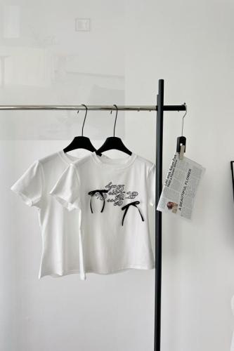 NEWPOEN2024 spring and summer new niche Korean letter print bow miu short-sleeved T-shirt women's tops
