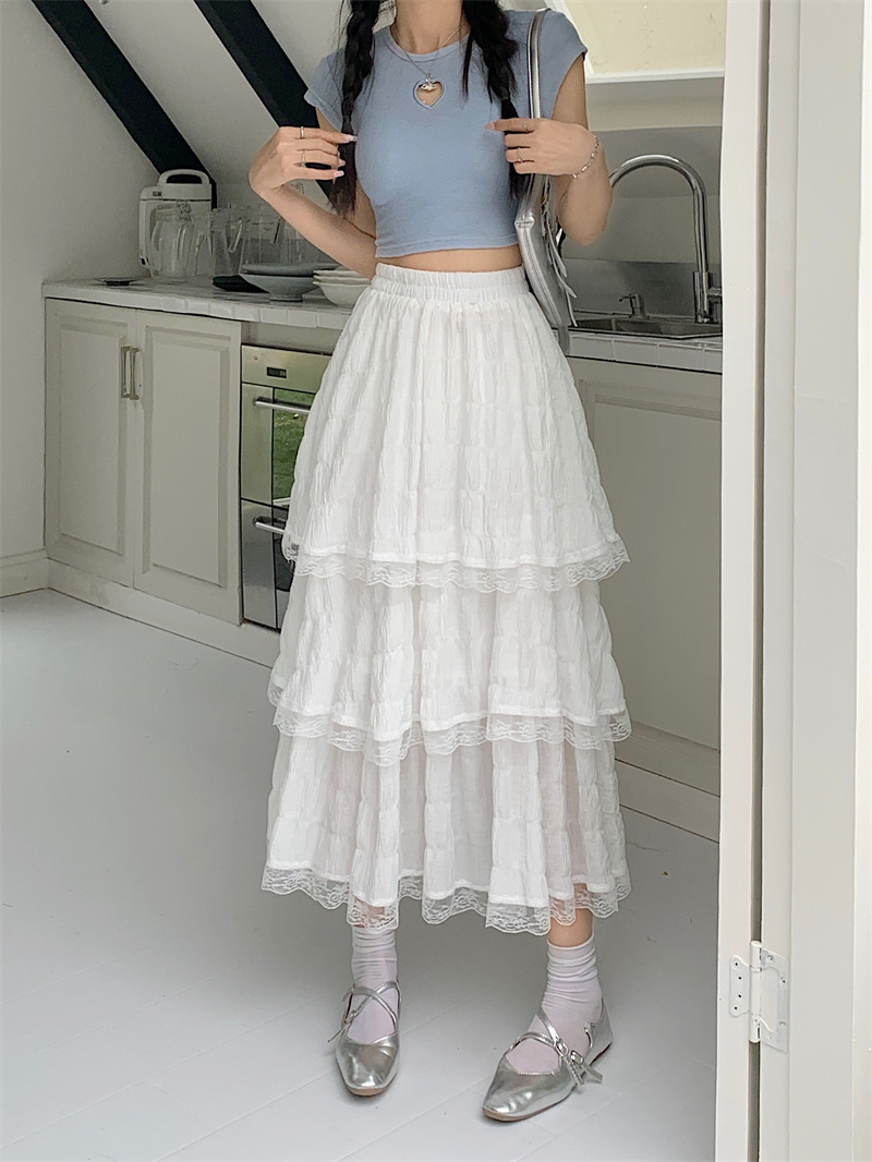 Black lace cake skirt for women 2024 summer gentle fairy a-line skirt high waist mid-length skirt