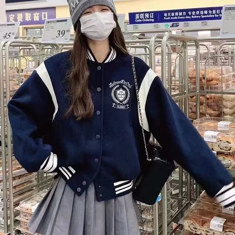 美式復古棒球服外套新款春季韓系寬鬆小個子夾克上衣女