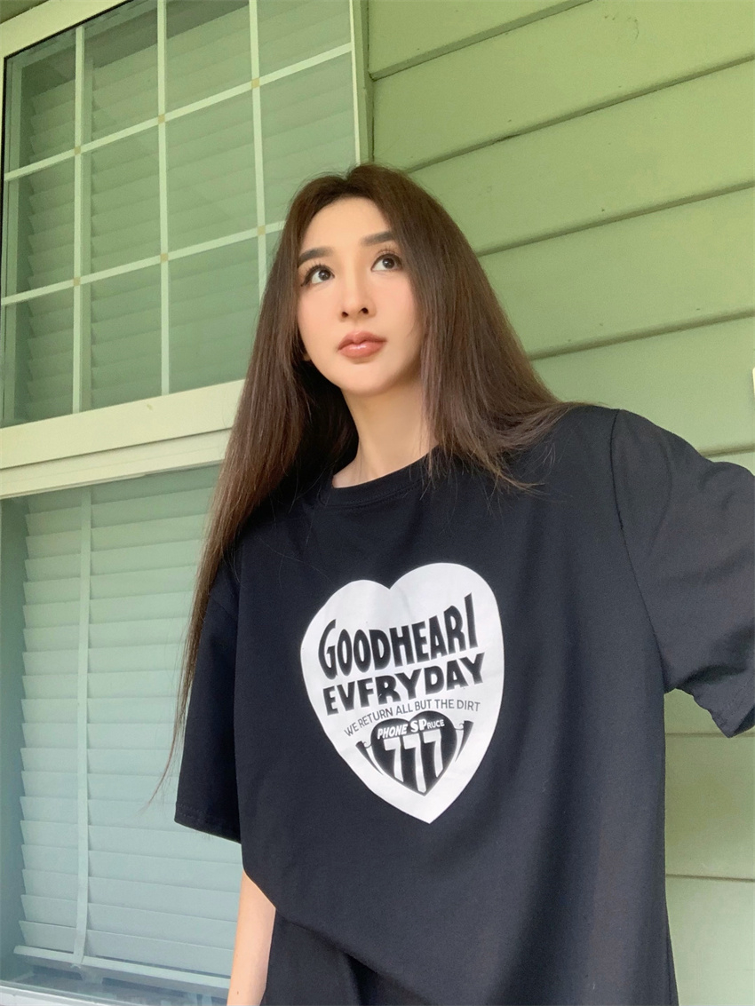 愛心字母印花圓領短袖T恤女夏季韓版chic別致中長款寬鬆休閒上衣