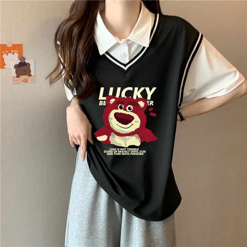 實拍100聚酯纖維夏季新款韓版寬鬆假兩件Polo短袖t恤女