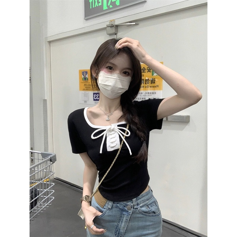 設計感方領綁帶T恤女夏季韓版修身顯瘦短款甜辣正肩上衣