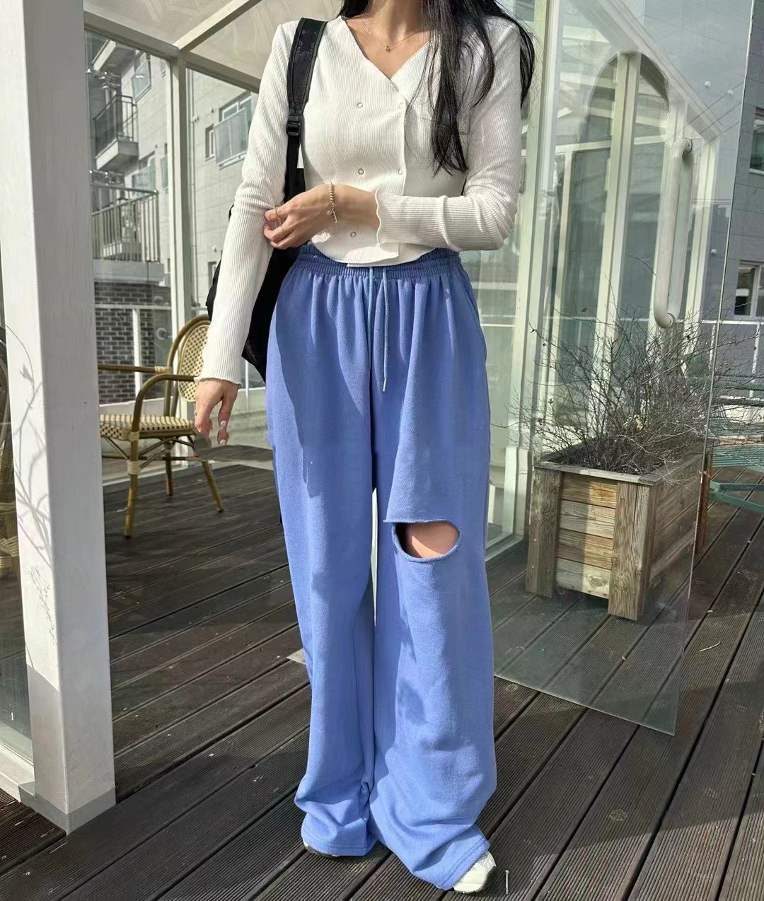 2024 elastic waist solid color versatile ripped loose trousers sweatpants casual pants