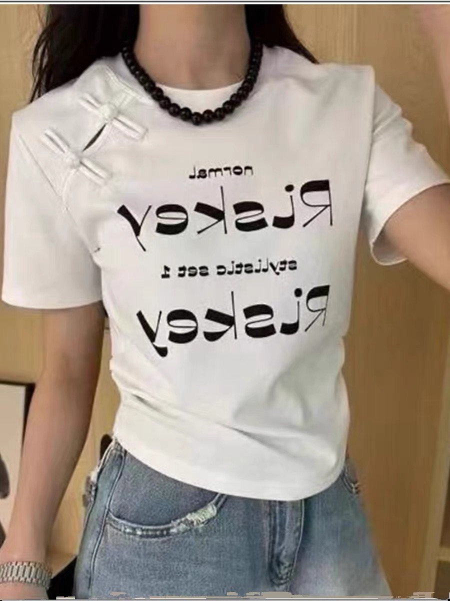 新中式國風盤扣上衣女2024夏季新款時髦字母收腰百搭短款短袖T恤