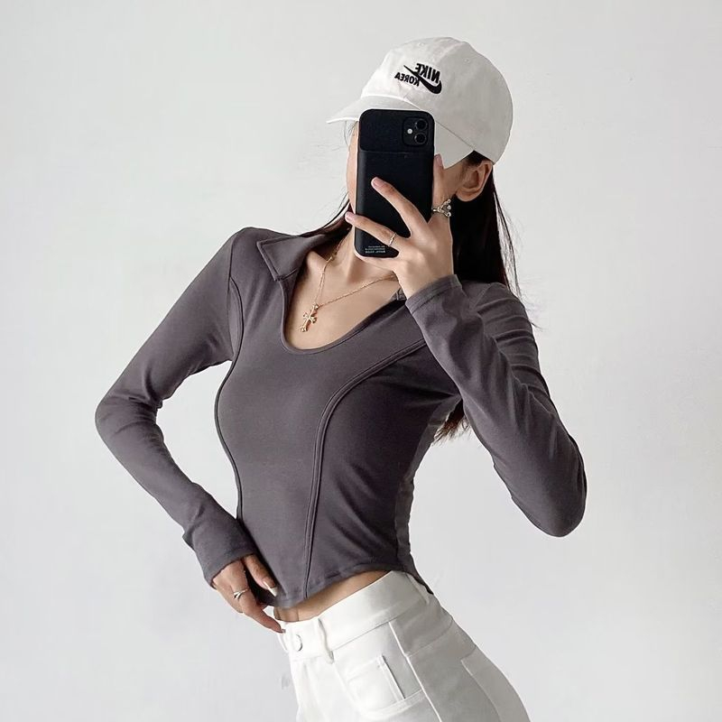 設計感修身長袖露臍打底衫小眾短款t恤上衣女ins潮秋冬翻領