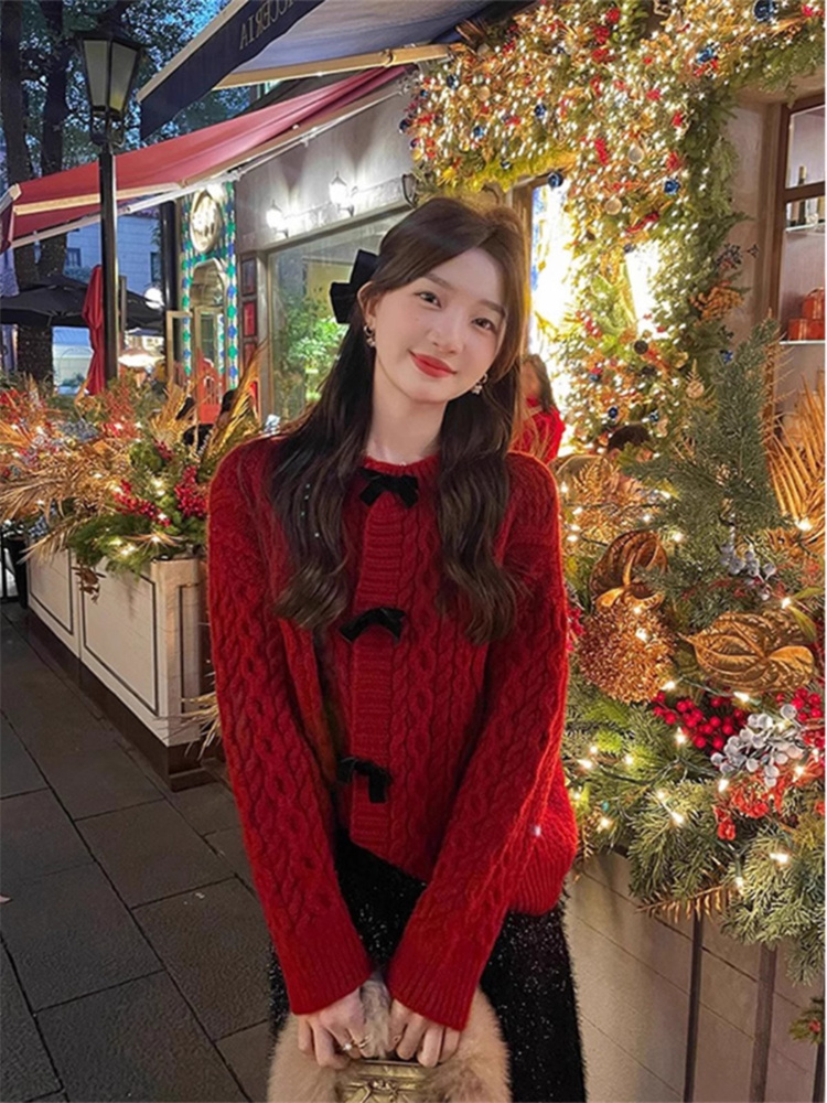 本命年紅色蝴蝶結麻花毛衣外套女秋冬季慵懶寬鬆新年外穿針織開衫