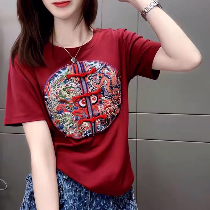 紅色t恤女款2024設計感小眾新中式女裝國風上衣短袖針織衫ins