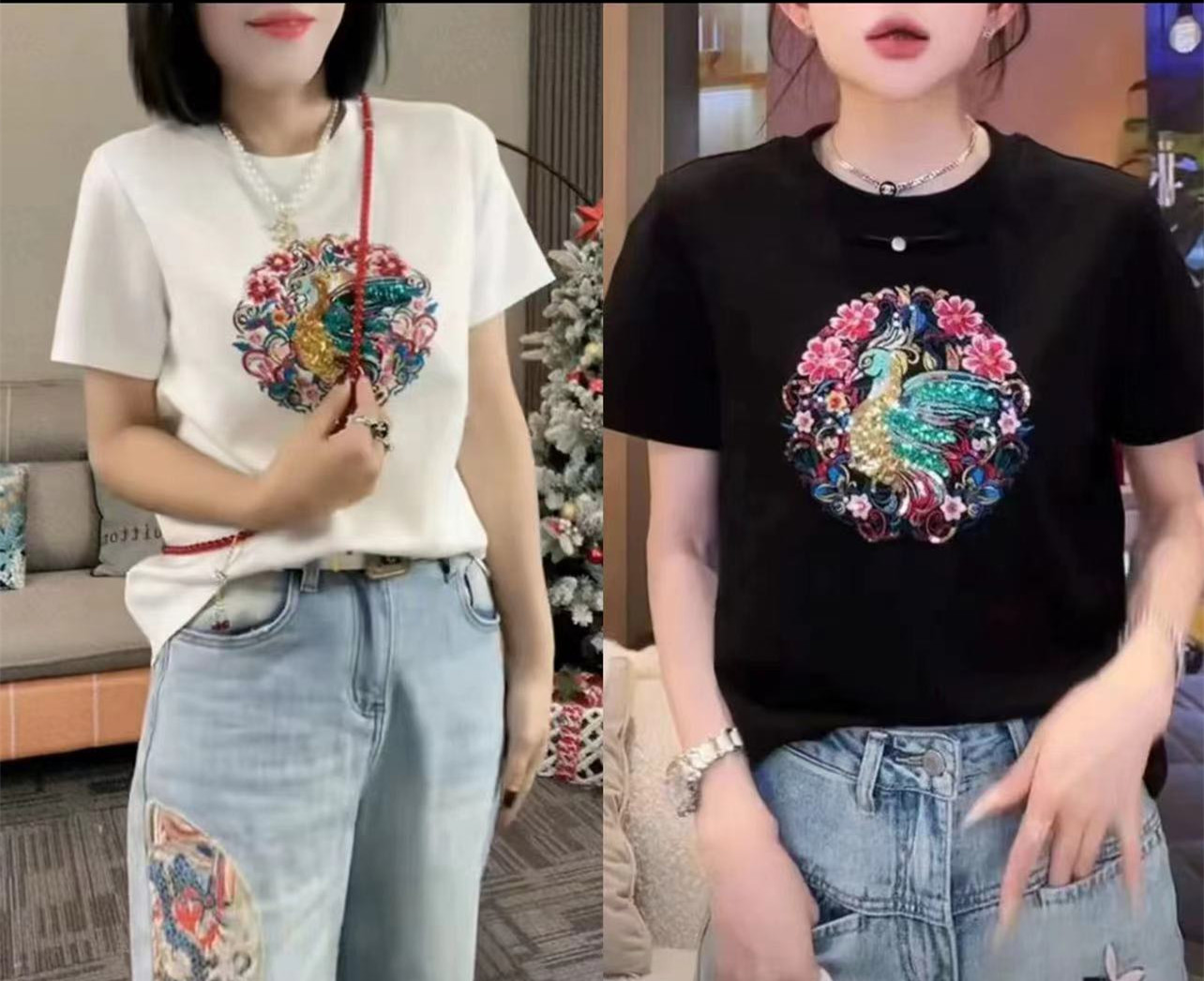 國風刺繡亮片短袖t恤女2024新款夏季正肩寬鬆顯瘦半袖體恤上衣潮