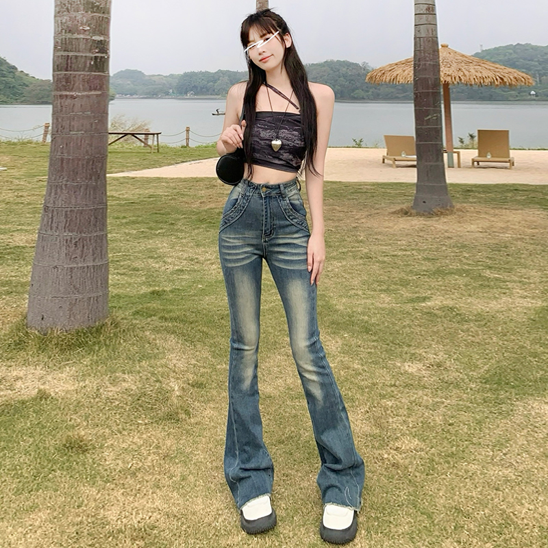 實拍~美式懷舊+YKK2024復古辣妹顯瘦彈力毛邊拖地喇叭褲 長褲