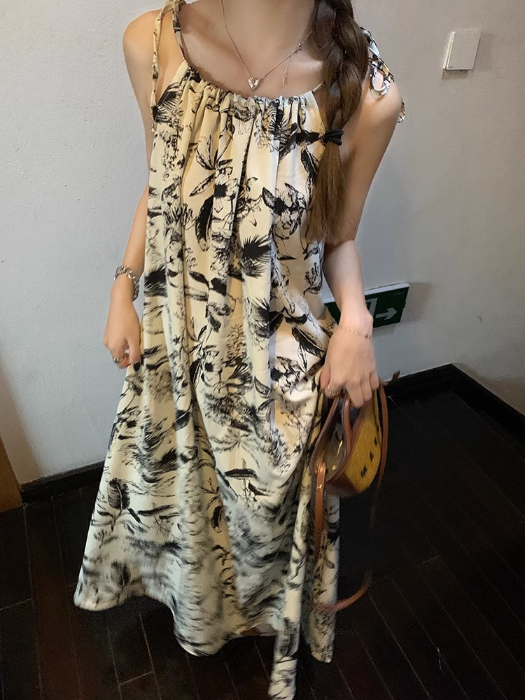 水墨印花吊帶裙夏季女復古碎花褶皺肌理感連衣裙中長款裙子