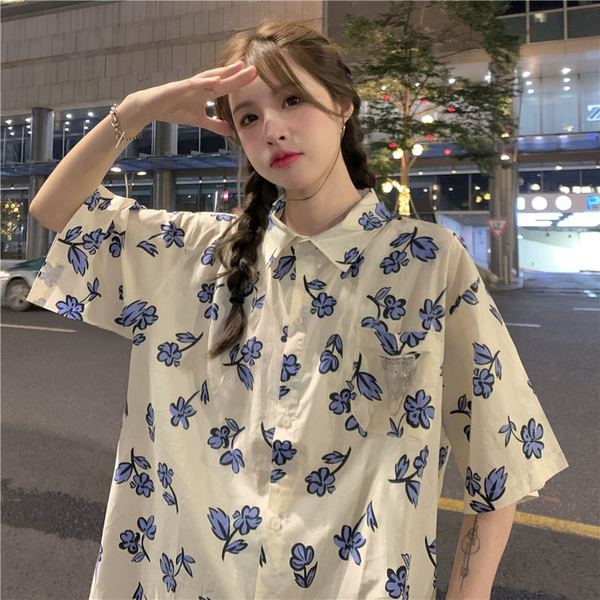 實拍 小眾印花短袖襯衫2024新款寬鬆港風薄款碎花襯衣外套女夏