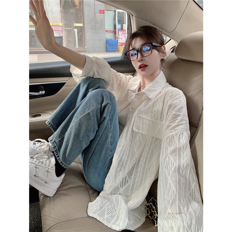 質量早秋新款設計感港風鈎花鏤空長袖襯衫+小吊帶二件套