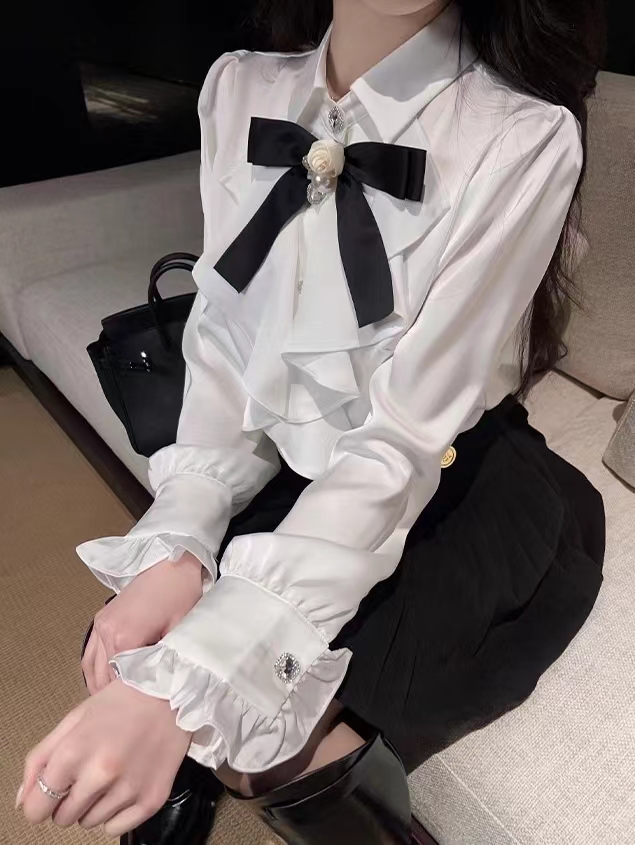 白色緞面襯衫蝴蝶結法式甜美別致上衣宮廷漂亮小衫配蝴蝶結