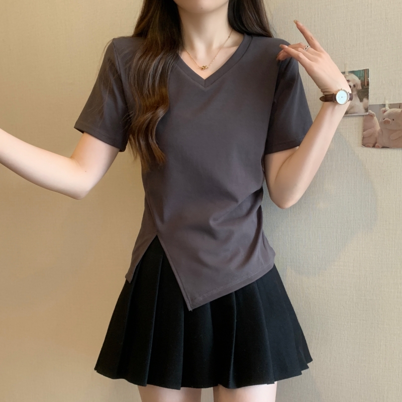 實拍  40支純棉 2024夏裝純色開叉短袖T恤女上衣